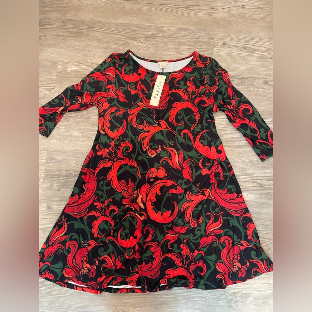 Colorful women’s  Dress with Red and Green Patterns